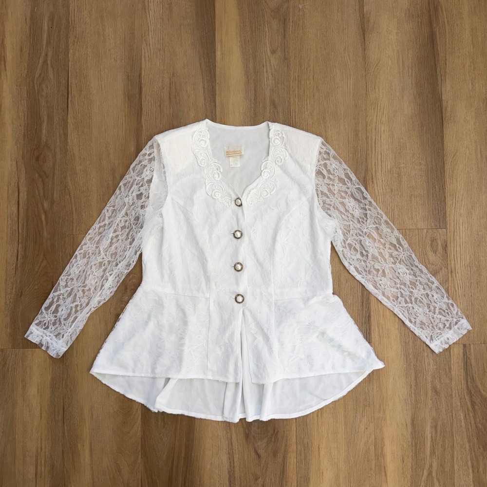 Vtg White Lace embroidered Peplum Top Long Sleeve Pearl Button Blouse elegant